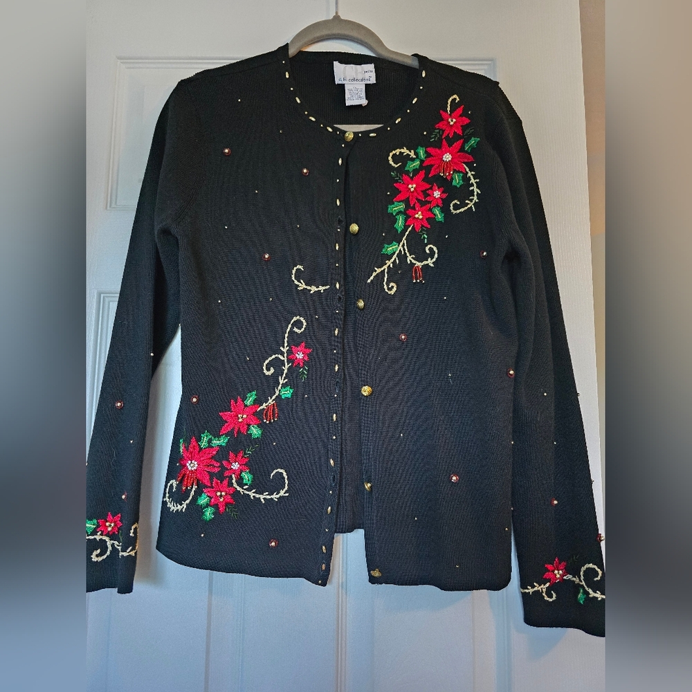 Festive Black Cardigan with Red Floral Embroidery